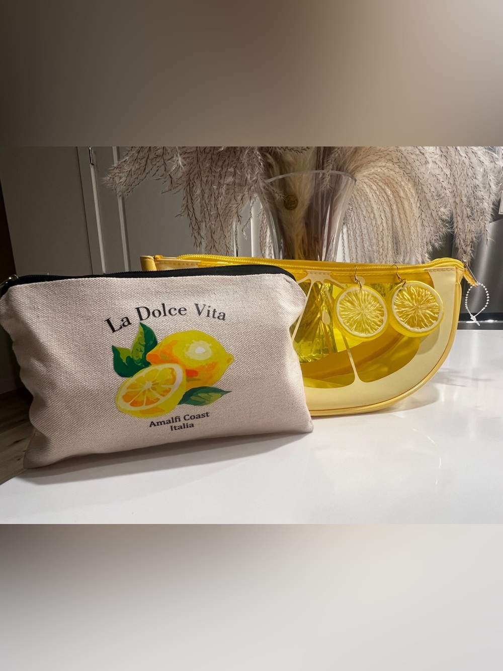 Lemon Canvas Cosmetic/Lemon Clear Cosmetic Beach Pouch w/ Lemon earrings